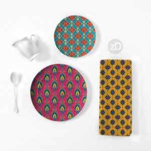 Zirkus Design | Surface Pattern Design Mini Ikat Collection : Tangier Teal Home Goods Mockup (Plates and Tea Towel)