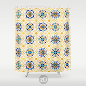 Zirkus Design | Sunny Spanish Tiles in Butter Yellow and IndigoPattern Available on Custom Shower Curtain by Society6